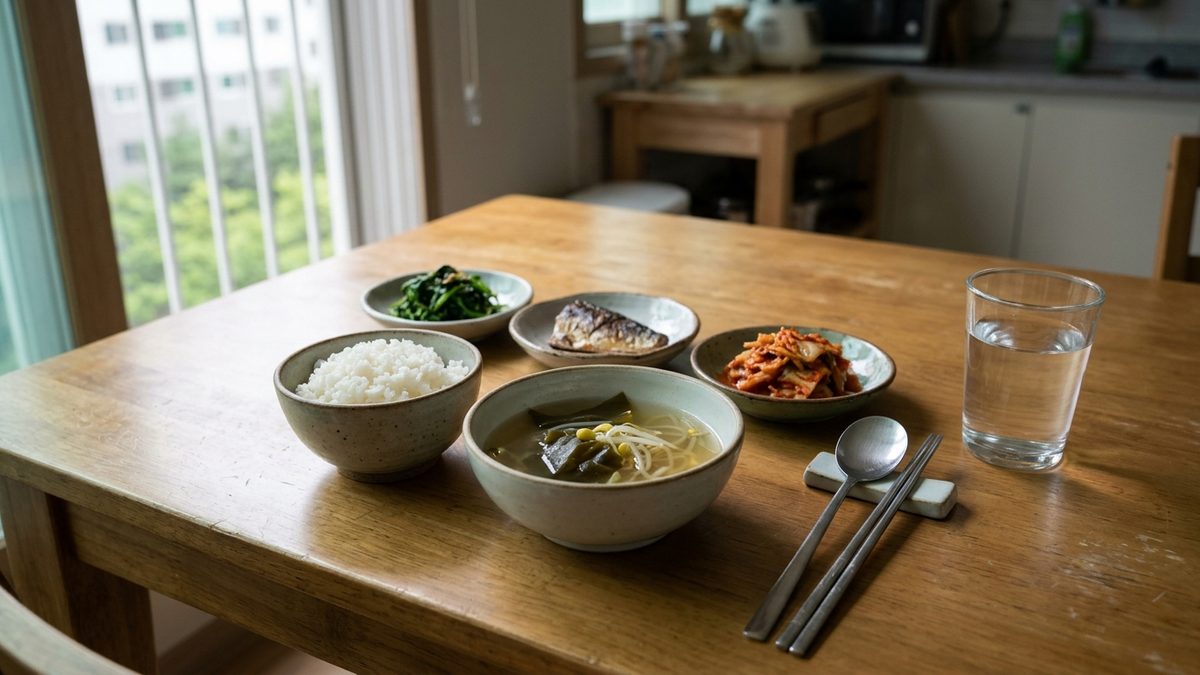 나무 식탁 위에 밥과 국, 여러 반찬이 차려져 있습니다.