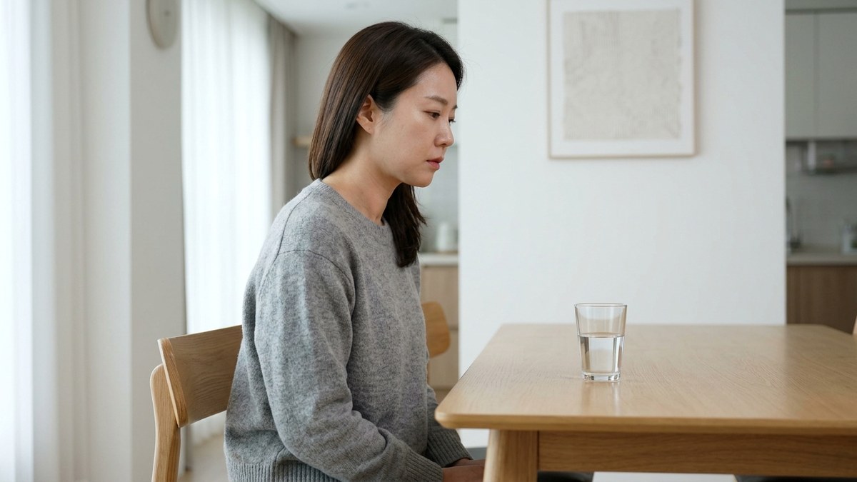 여성이 테이블에 놓인 물컵을 바라보고 있습니다.