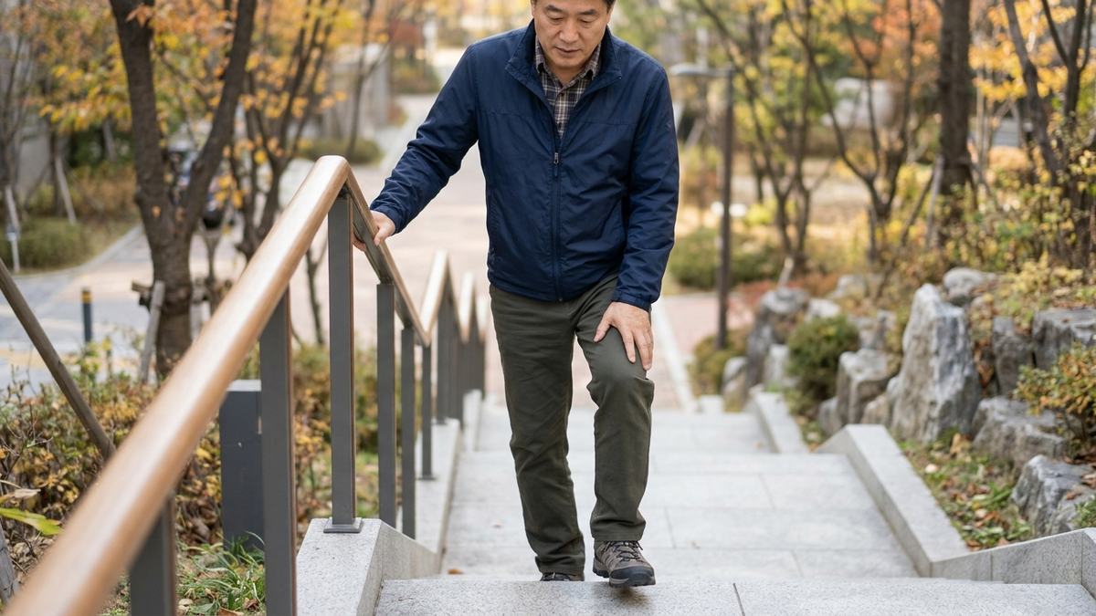 한 남성이 야외 계단을 내려가며 무릎을 짚고 있습니다.